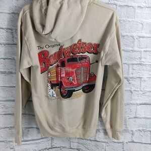 Brew City Budweiser Hoodie Mens Small Beige Graphic Print Fire Truck Dalmatian
